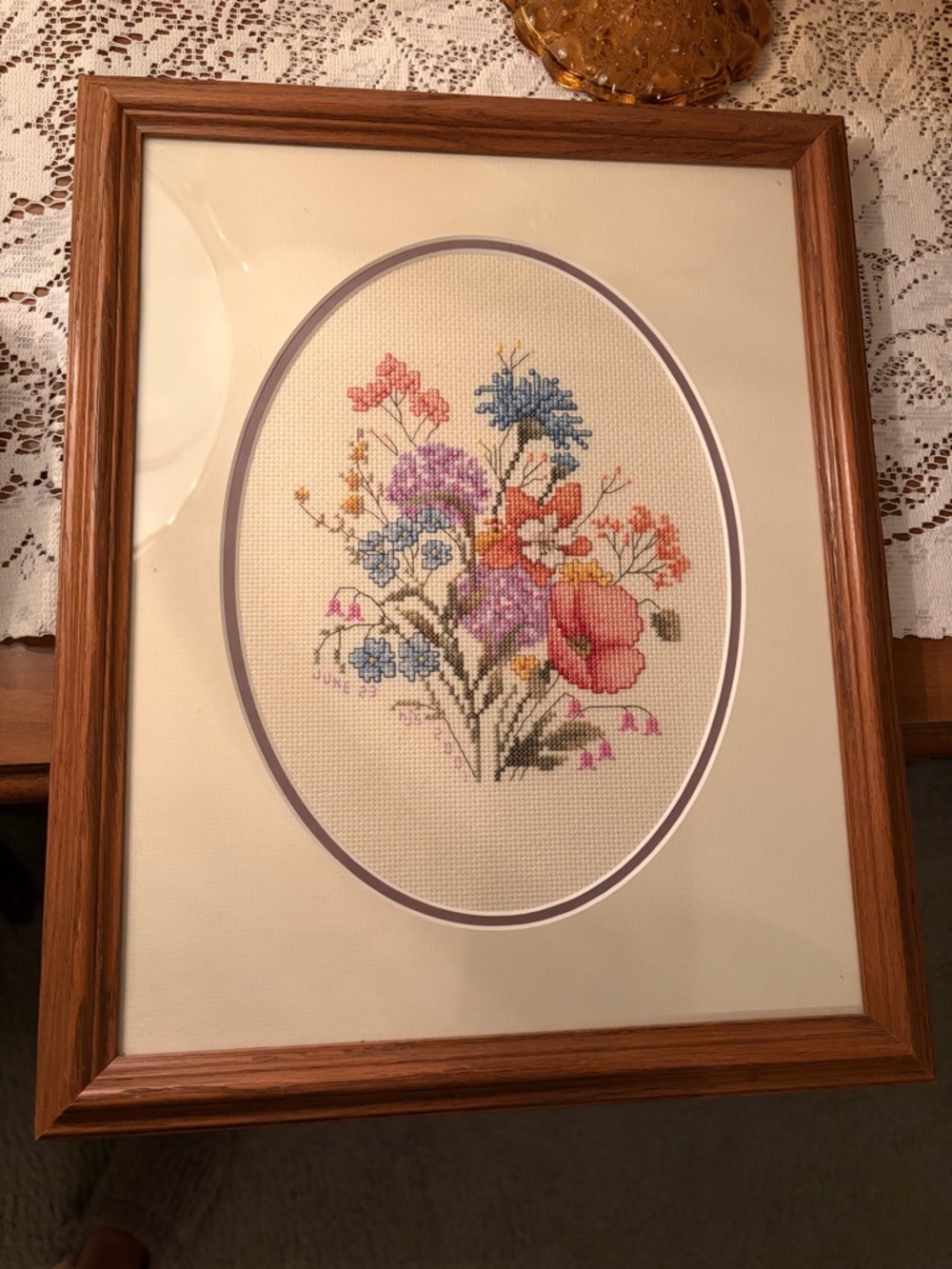 Framed Floral Cross Stitch Art - Multicolor Bouquet